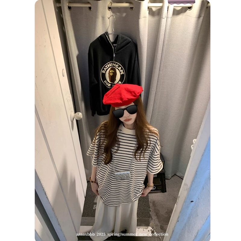 Aaaaxbbb Otaku Signal Black and White Stripesd Short-Sleeved T-Shirt Women's Loose Draped Lazy Versatile Round Neck Top