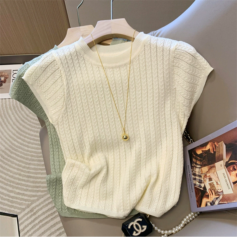 Французский шикарный свитер с круглым вырезом женский короткий рукав 2025 года новый нежный супер красивый тонкий и легкий нижний топ