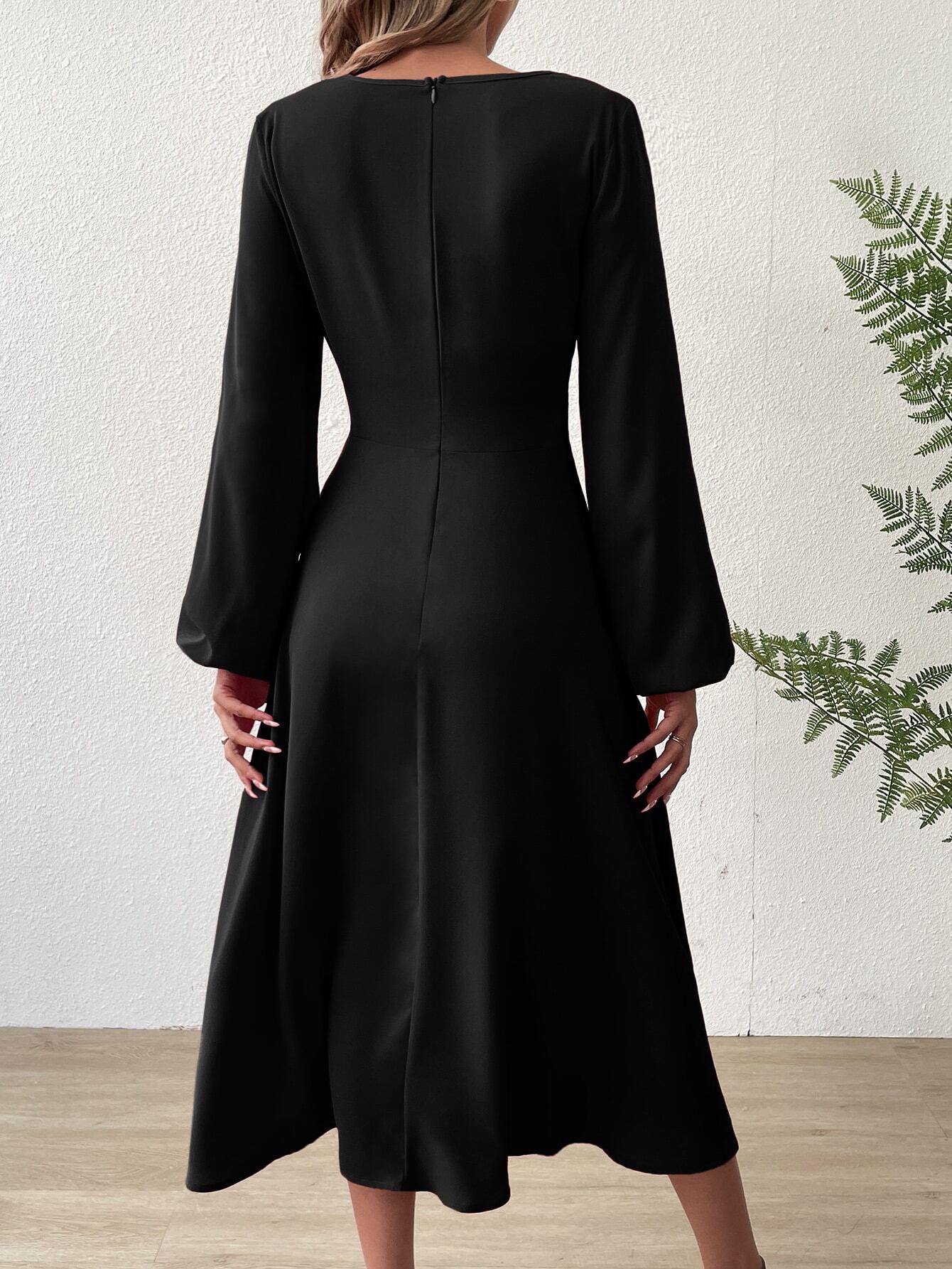 European And American Women' Spring Summer Fahion V-Neck Lantern Long Sleeve Twit Edge Elegant Mid-Length_ecoleips.com