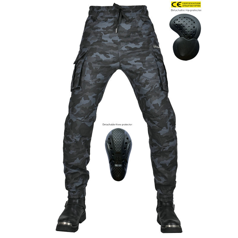 VOLERO pantalones de montar a caballo de la motocicleta de la vendimia pantalones vaqueros de la motocicleta de camuflaje negro multi-bolsa de herramientas de tobillo atado pantalones anti-caída