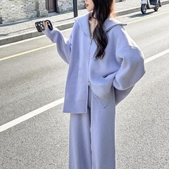 休闲时尚套装韩版慵懒风毛衣外套女装秋冬宽松阔腿长裤针织两件套