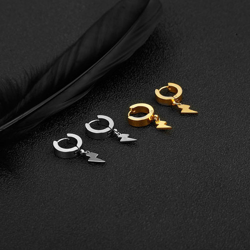 European and American cross-border Korean style ear buckle pendant lightning double-sided earrings stainless steel ear clips simple short earrings for men and women