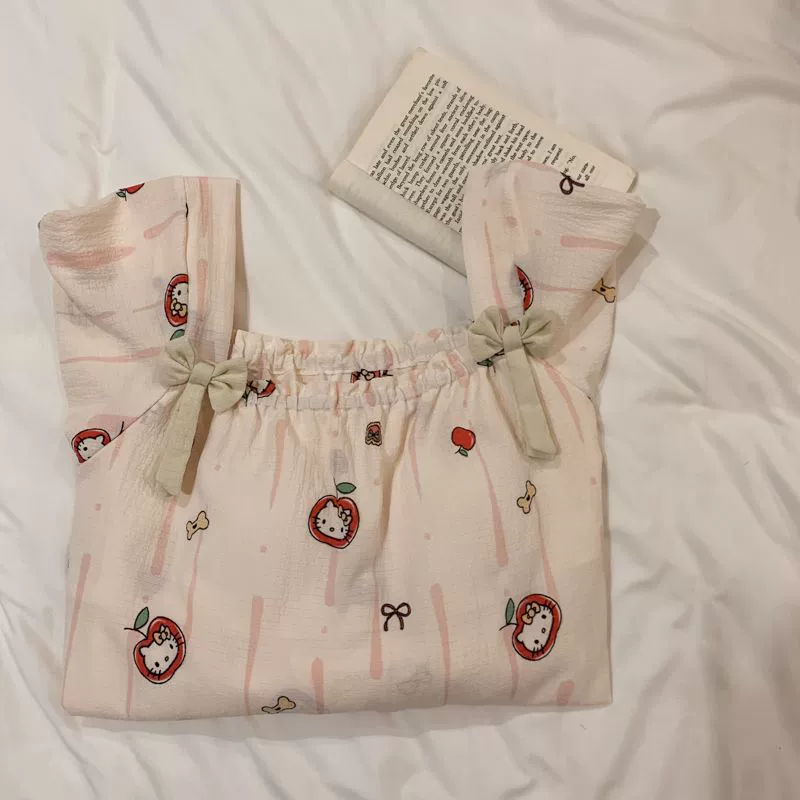 Summer pijama with bow, cute top with cups, long skirt, with short sleeve, loose fit, mid-length