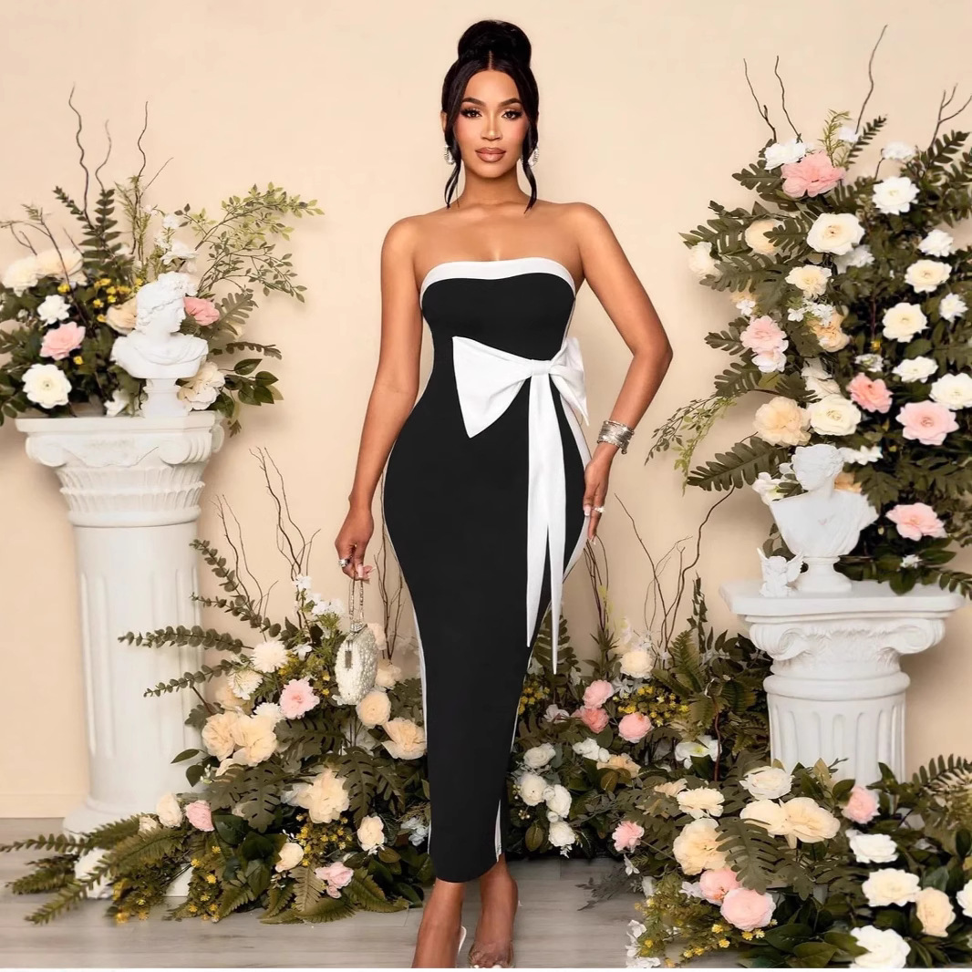 European and American Summer Cross-Border New Style Bow Contrast Color Tube Top Bandage Dress, Beautiful Evening Dress