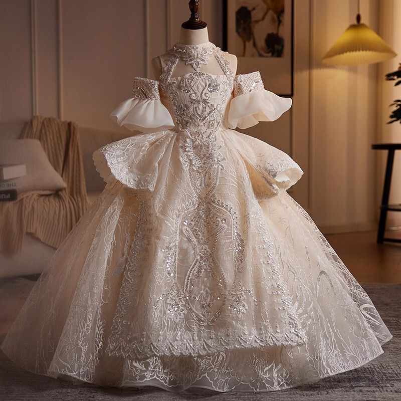 Girls' High-end dress fluffy yarn light luxury niche birthday party princess dress children host piano costume