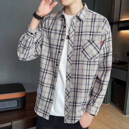 Plaid shirt men's spring and autumn fashionable casual long-sleeved Korean slim fitting men's youth fashion brand Hong Kong style shirt inch shirt