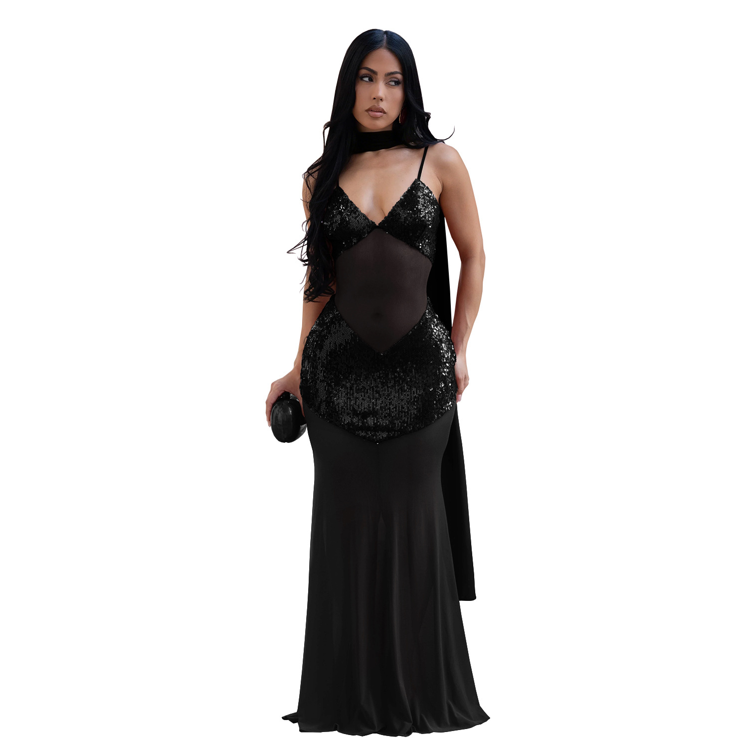 C7647 cross-border AliExpress Amazon Europa y América moda de mujer sexy tela de malla collar v vestido de cuentas