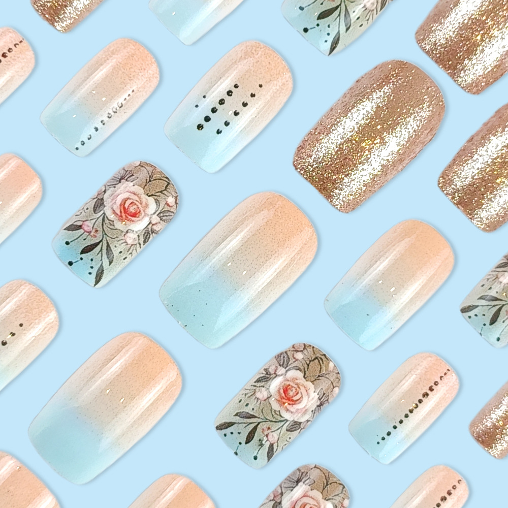 Camellia azul gradiente manicure parche de uñas polvo brillante parche de uñas de alta calidad Europa y América desgaste de uñas