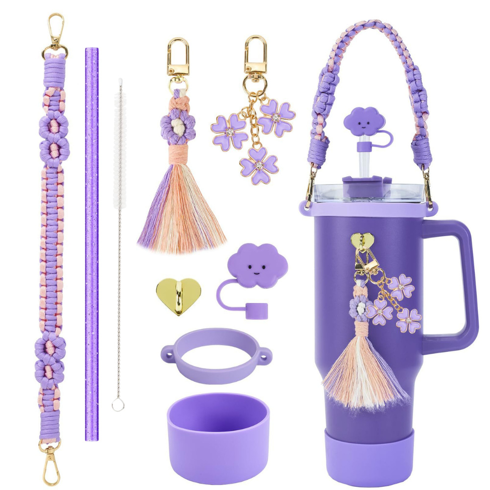 Stanley copas de agua copas de silicona copas de color corda de mano copas de flores cadena de amor colgantes bordilla sombrero de paja de nube