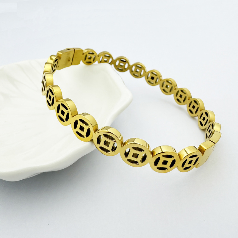 Cross-Border Stainless Steel Men's Bracelet Copper Coin Style Hollow Pattern Gold Factory Supply Spot Wholesale Jewelry