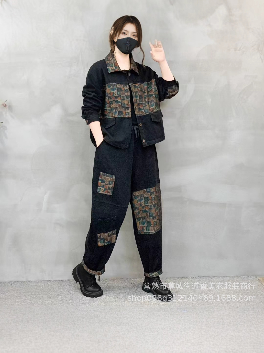 Traje casual de moda vaquero 2025 nuevo abrigo de solapa de empalme suelto de gran tamaño, conjunto de dos piezas de Harlem pants
