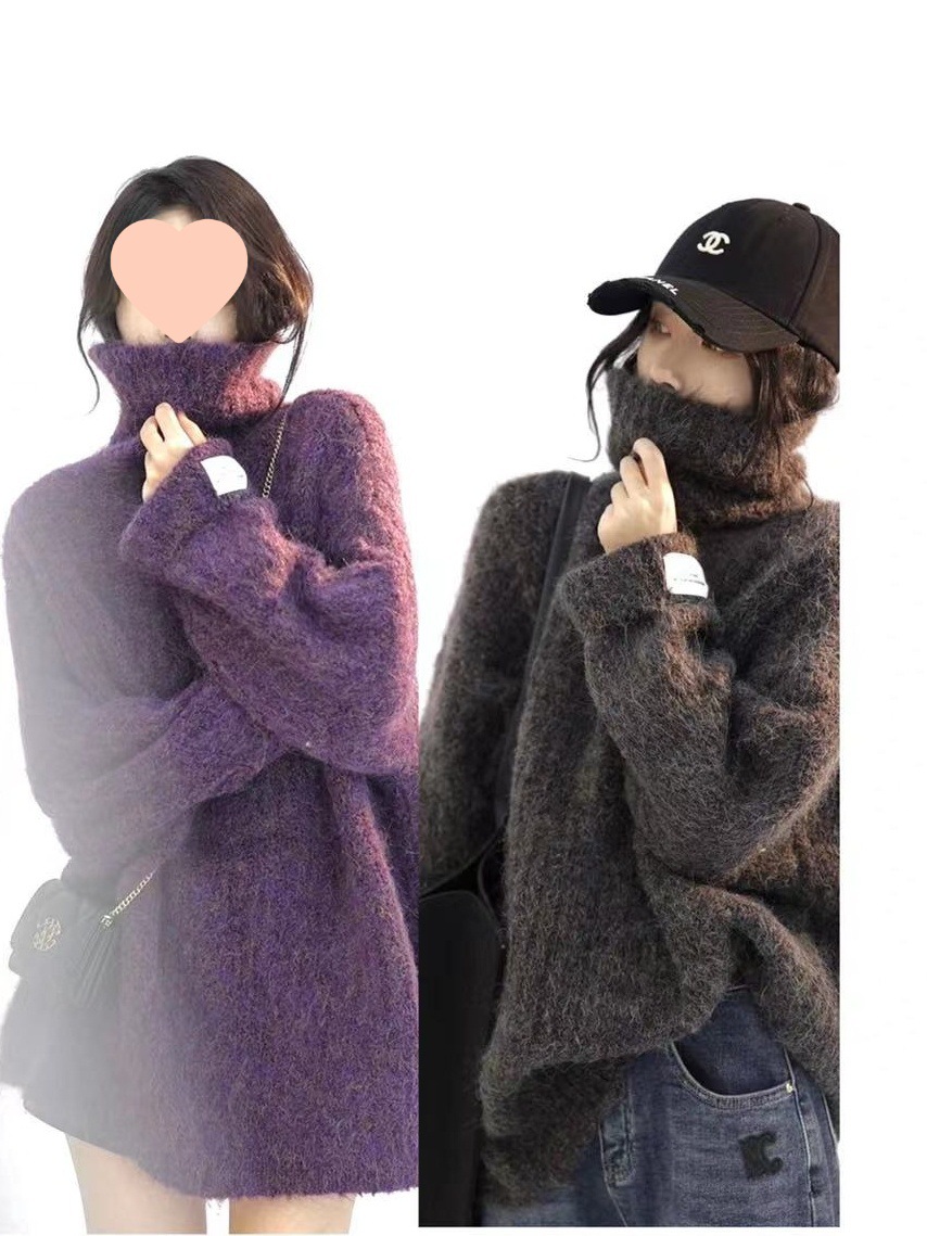 中长款马海毛高领毛衣女秋冬加厚套头宽松外穿日系慵懒风针织上衣