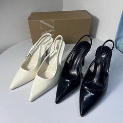 ZA新品2024秋の漆皮のハイヒールの細い先の浅い口の後でストラップのファッションの単露とサンダルのフランスの女性
