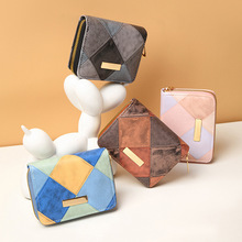 单层拉链wallet绣格小钱包pu零钱包收纳包钥匙包卡包女士短款钱包