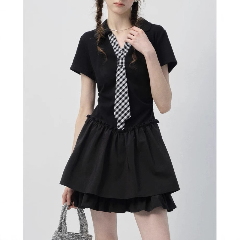 Vega Black Dress for Women 2025 New Summer Preppy Style Pattern Tie Waist Slimming Look Little Black Dress Vega Black Dress for Women 2025 New Summer Preppy Style Pattern Tie Waist Slimming Look Little Black Dress