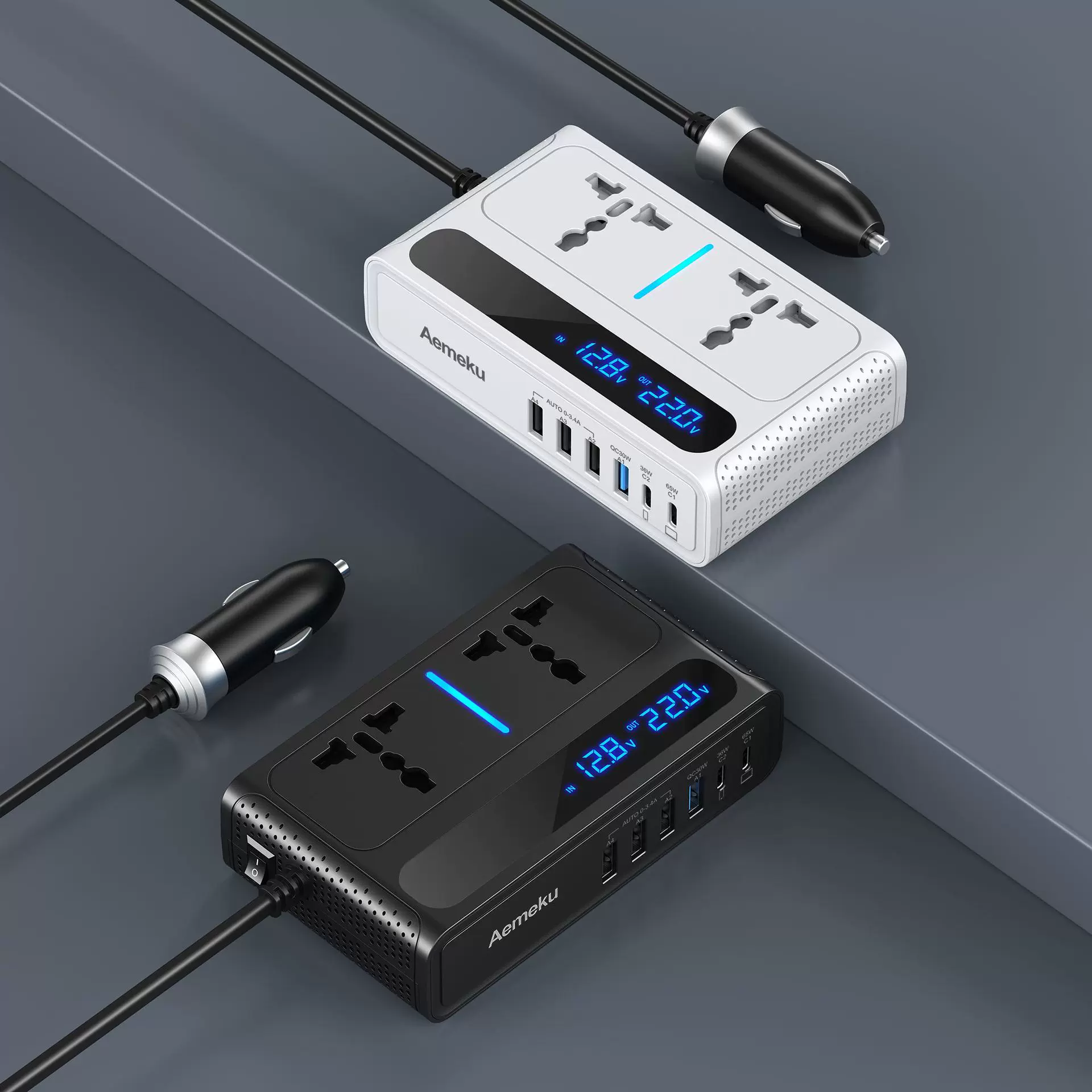 跨境新品12V24V转110V220V 200W车载逆变器车充车载充电器PD65W