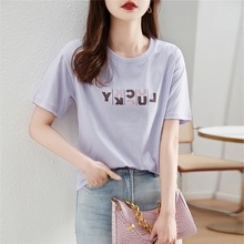 日韩外单紫色短袖棉质T恤女欧货薄款夏韩版设计小众打底外穿上衣