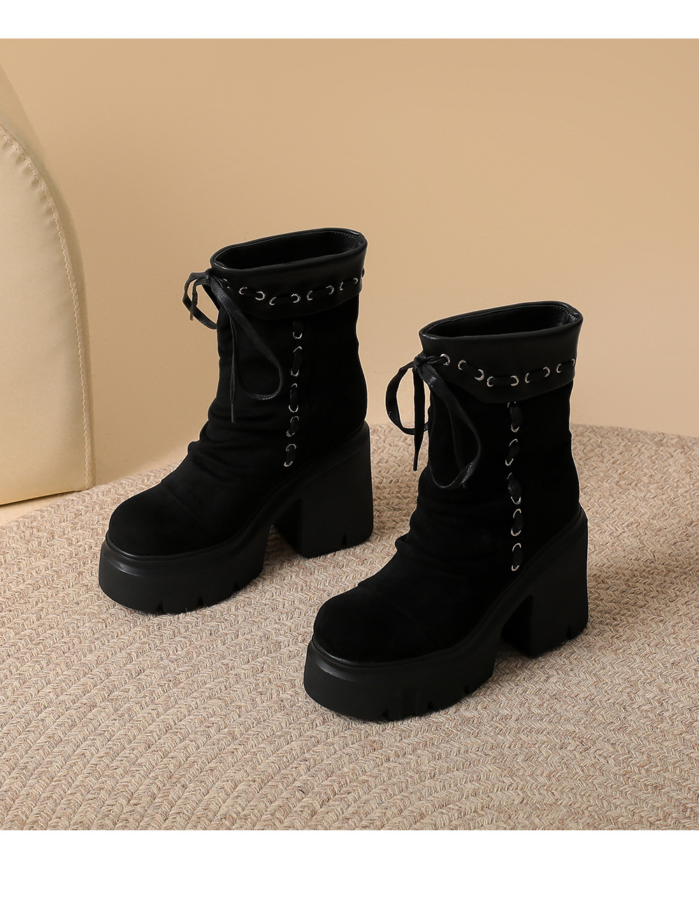 Boot nữ da lộn mũi tròn gót 12 cm dây buộc phong cách retro — nhung đen chi tiết 14