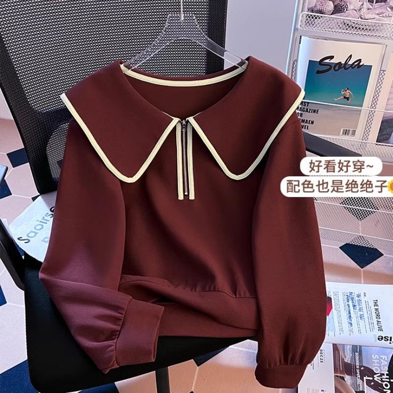 半拉链娃娃领卫衣女春秋2025新款宽松减龄小个子短款无帽上衣|undefined