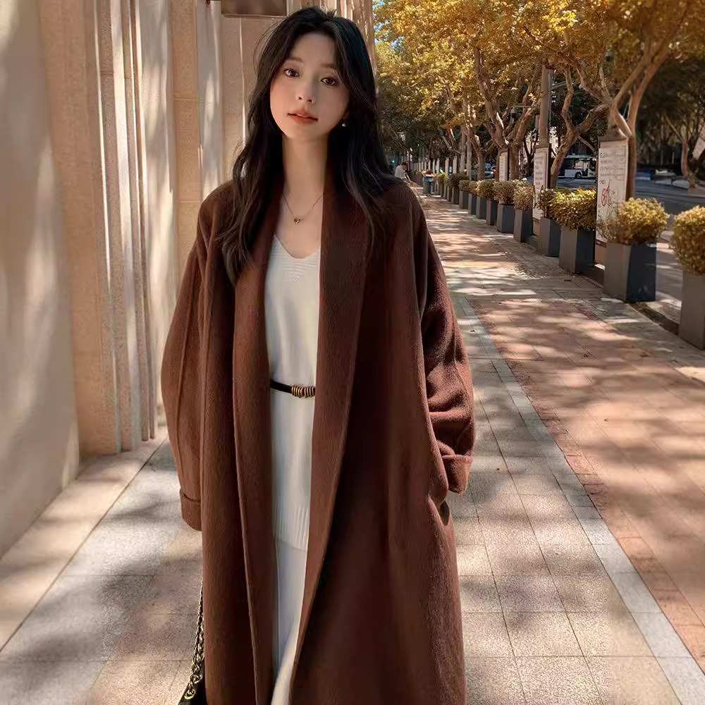 轻奢双面骆驼绒大衣女中长款秋冬款睡袍过膝慵懒系带羊毛呢外套