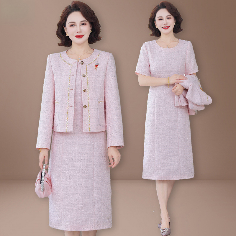 10月妈妈礼服两件套喜婆婆婚宴中老年女秋季小香风外套裙子套装秋|undefined