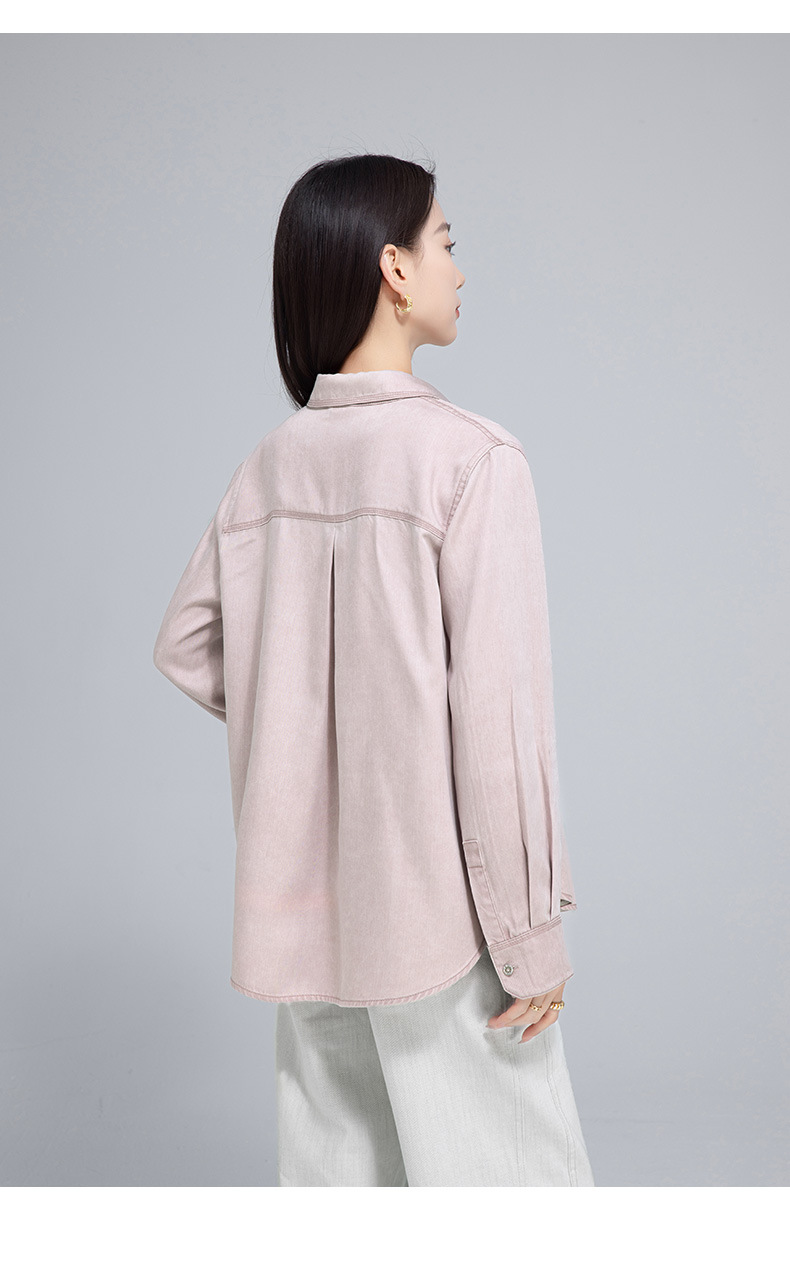 Áo sơ mi denim nữ tay dài phong cách đơn giản, chất liệu lyocell, có túi công vụ — Màu hồng chi tiết 24
