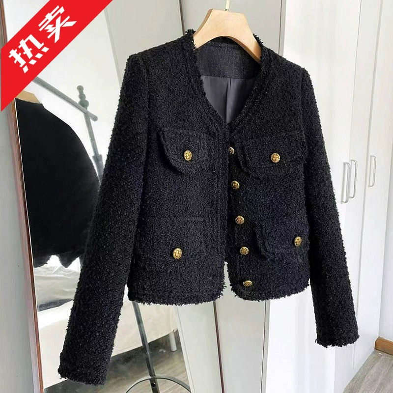 Черная короткая осенняя куртка, тонкий длинный рукав, стиль Chanel, городской стиль
