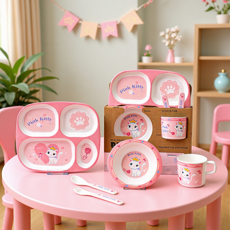 Melamine Tableware Set, Cartoon Children's Eating Bowls, Divided Plates, Cups and Spoons, Children's Set, Gift Divided Plates