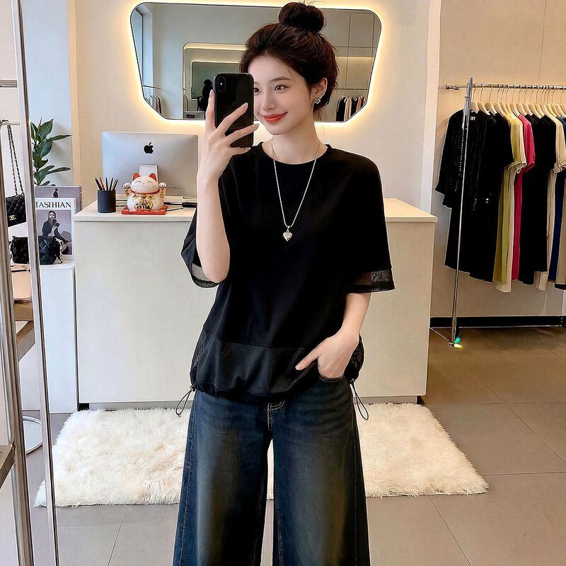 Drawstring Hem Drop-Shoulder Short-Sleeve T-Shirt for Women, 2026 Summer New Style, Plus-Size Loose Fit, Slimming, Tummy-Covering Top Drawstring Hem Drop-Shoulder Short-Sleeve T-Shirt for Women, 2026 Summer New Style, Plus-Size Loose Fit, Slimming, Tummy-Covering Top