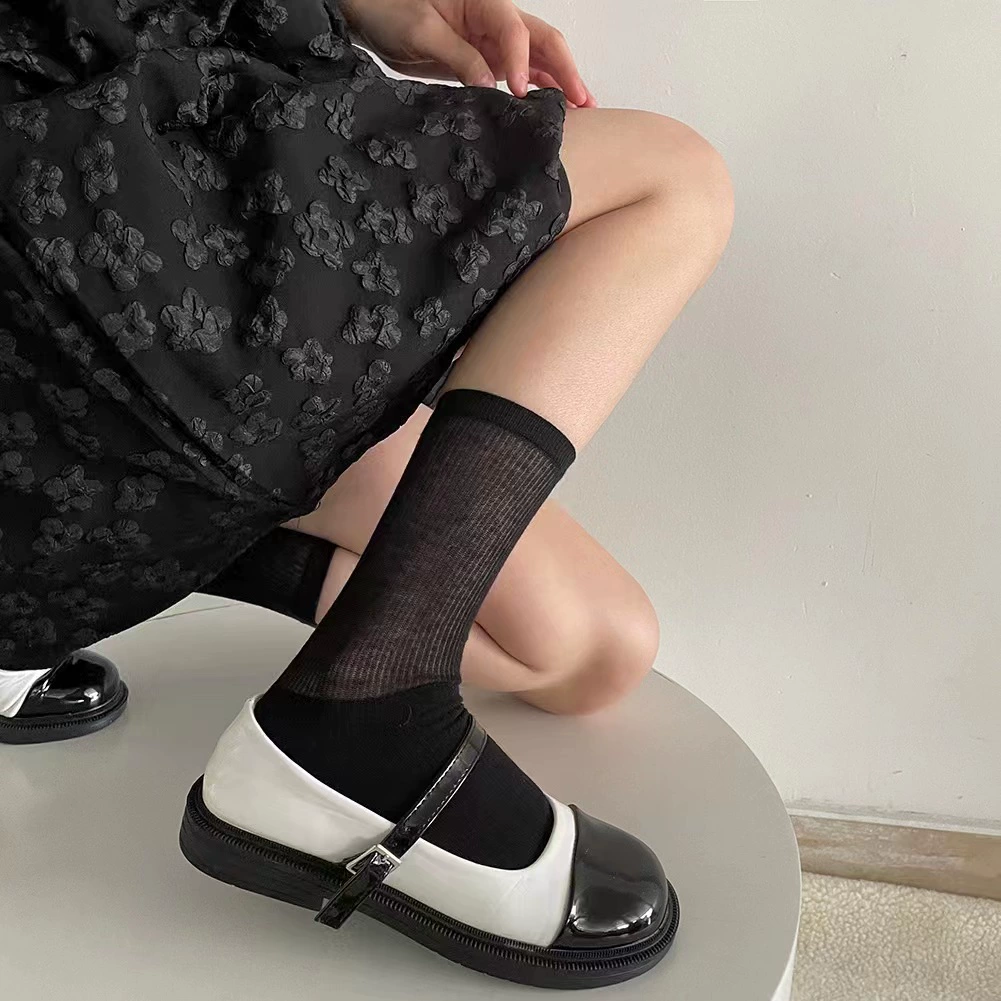 Summer thin Japanese cute brand black socks, mid-length