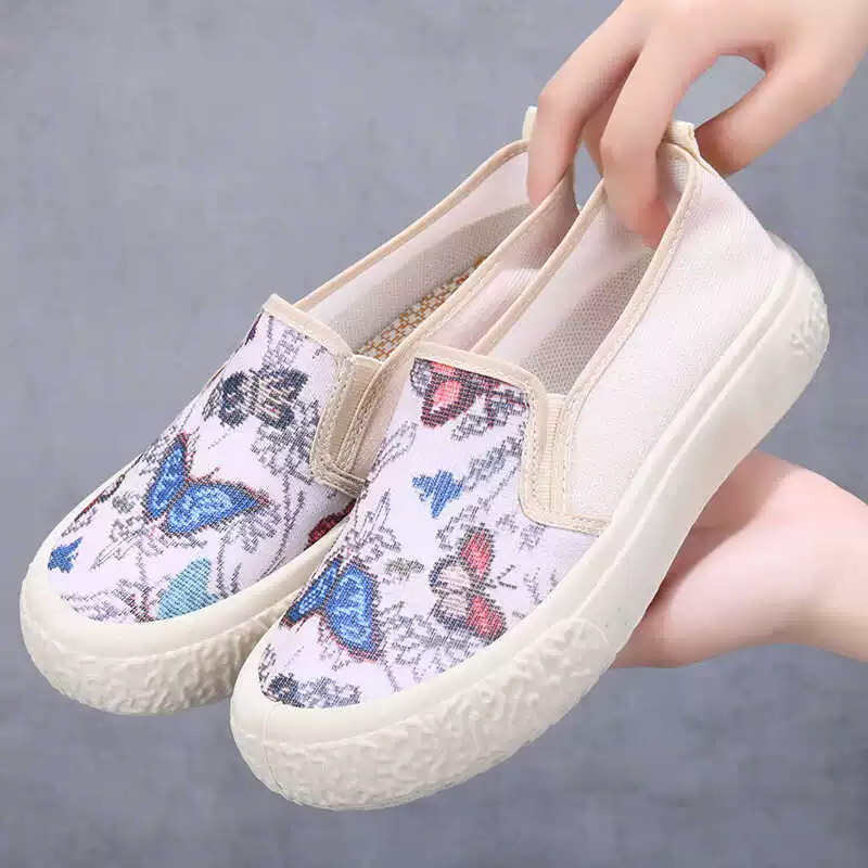 2025 новые весенне-летние женские туфли в рыбацком стиле, модные и универсальные повседневные дышащие парусиновые туфли на плоской подошве, слипоны без шнуровки.