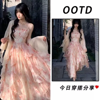 2025夏季新款伊甸油画晕染印花收腰荷叶边吊带裙韩版气质连衣裙子