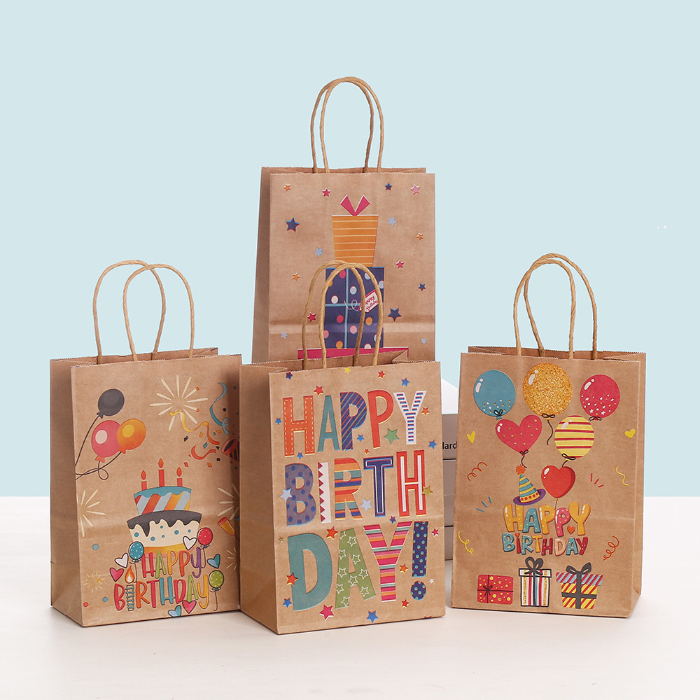 Bolsas de regalo temáticas de feliz cumpleaños para envíos internacionales, bolsas de papel kraft, bolsas impresas, regalos para fiestas de cumpleaños al por mayor