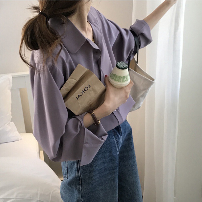 Design sense Xiaozhong Fu Gugang style Taro purple shirt Women's blouse silky draping long sleeve cold style shirt autumn Design sense Xiaozhong Fu Gugang style Taro purple shirt Women's blouse silky draping long sleeve cold style shirt autumn