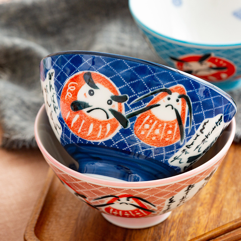 Japan imported Mino ware lucky cat cute rice bowl underglaze color Daruma gift box red painted rabbit set porcelain
