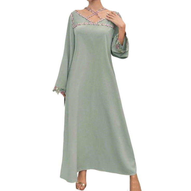 Cross-Border New Style Fresh Green Lace Long-Sleeve Dress for Women with Tie V-Neck Summer Vintage Dress with a Sense of Elegance