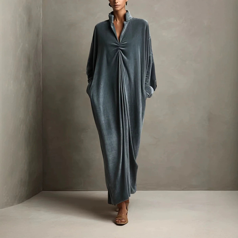 2026 Cross-border European and American Style Autumn New Collection: Velvet Long Dress with Stand-up Collar, Twisted Pleats, Loose Fit, and Dropped Shoulders for Women 2026 Cross-border European and American Style Autumn New Collection: Velvet Long Dress with Stand-up Collar, Twisted Pleats, Loose Fit, and Dropped Shoulders for Women