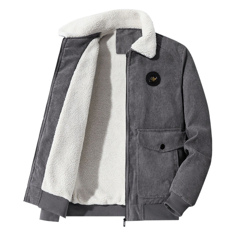 Chaqueta de pana para hombre con múltiples bolsillos, estilo vintage de ropa de trabajo, forro polar de invierno, lana de cordero engrosada, corte holgado, cuello vuelto, abrigo de algodón, transfronterizo.