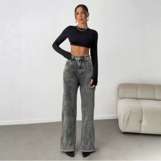 跨境专供 Acid Wash Black Gray High Waist Wide Leg Jeans Wome