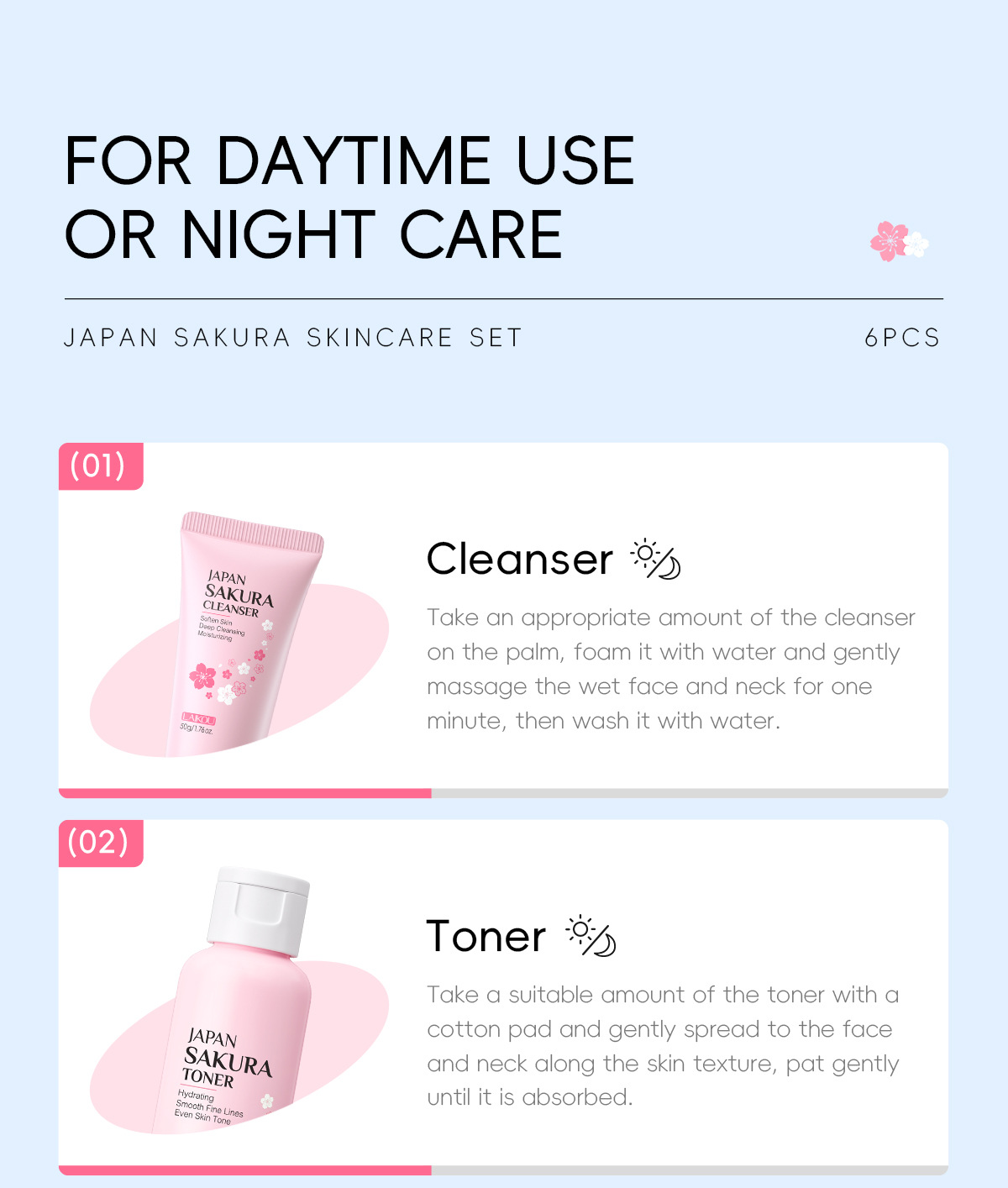 LAIKOU Cherry Blossom Skincare six-piece Set: Facial Cleanser, Essence, Eye Cream, Face Cream, Toner, sunscreen, Cross-border undefined