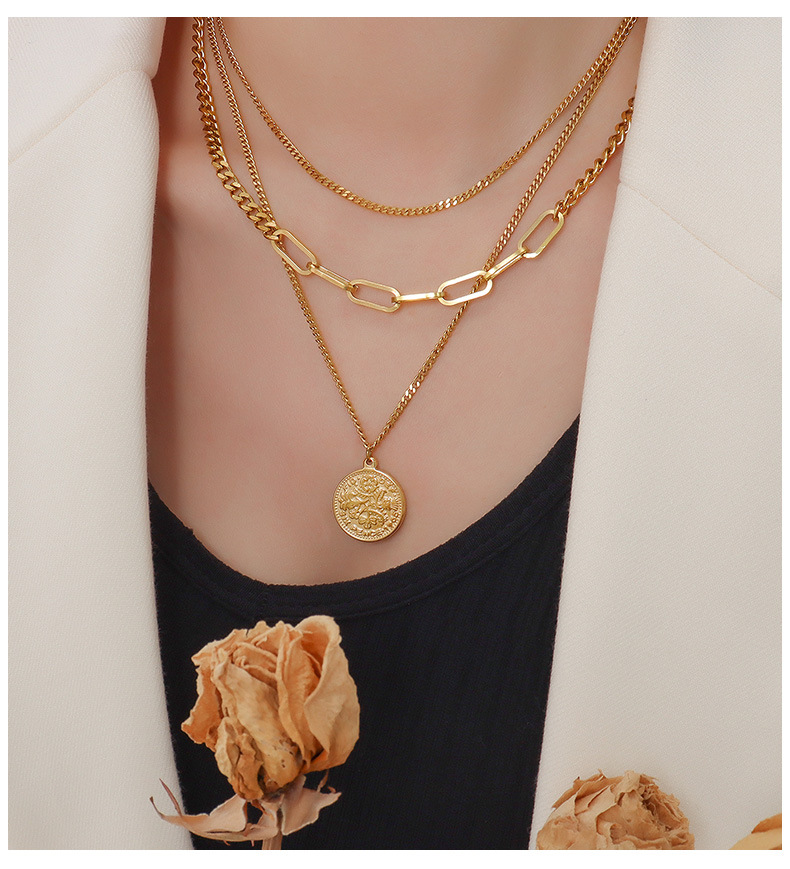 Simple Style Style Gold Color Personality Trend Multi-layer Necklace Round Portrait Pendant Titanium Steel