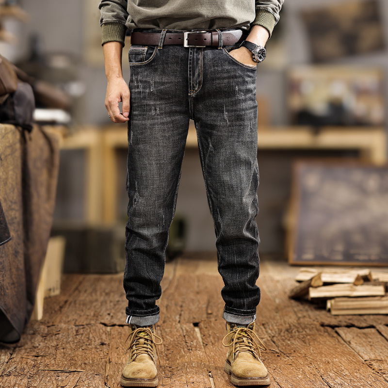 Spring and Summer New Retro Distressed Jeans for Men, High-End American Fashion Brand, Scratched, Washed, Elastic, Slim Straight Pants Spring and Summer New Retro Distressed Jeans for Men, High-End American Fashion Brand, Scratched, Washed, Elastic, Slim Straight Pants