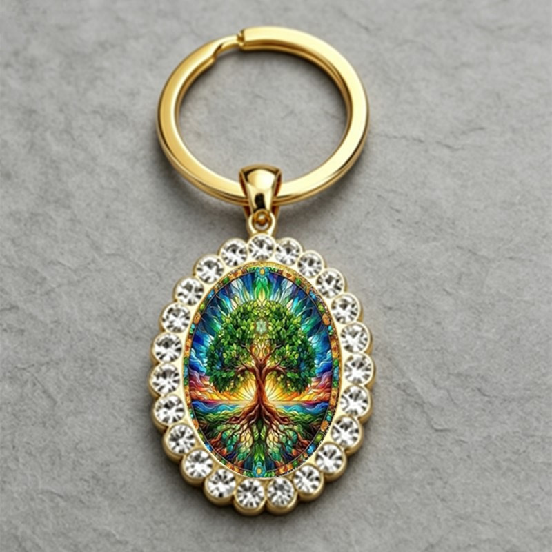 Cross-border new product hot seller: Exquisite pattern alloy base glass pendant keychain accessory, direct from the manufacturer