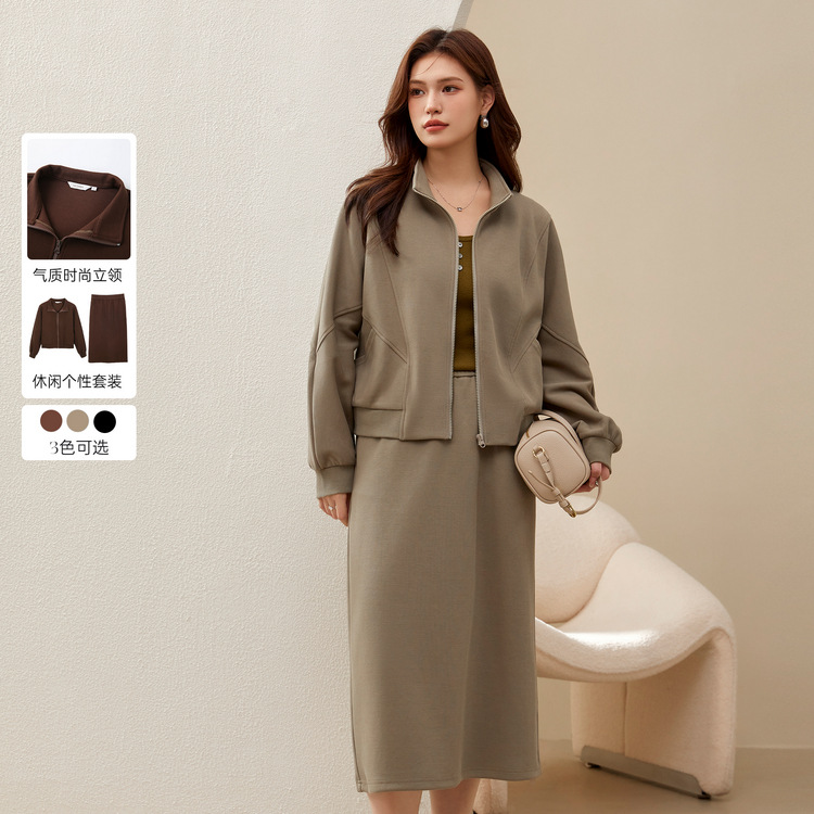 Fiber Show Large Size Women's Fashionable Stand Collar Jacket Comfortable Elastic Waist Skirt Sports Set Fat mm New Winter Style
