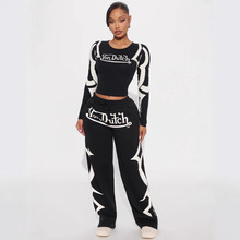 FC1427欧美跨境秋冬运动印花撞色休闲时尚套装女装两件套