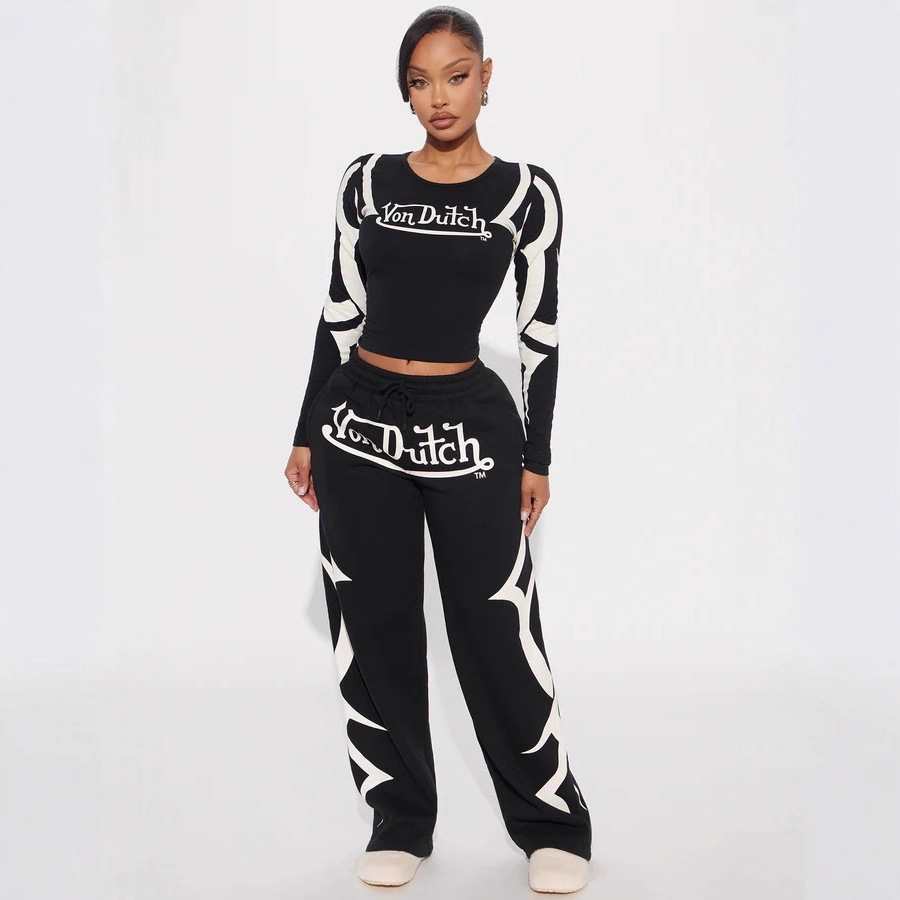 Fc1427 European and American Cross-Border Autumn and Winter Sports Print Contrasting Color Casual Fashion Suit Women's Two-Piece Set