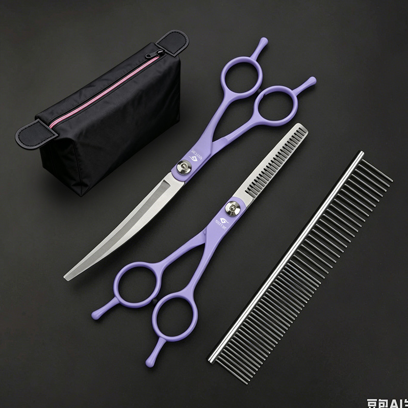 7inch 더블 테일 곡선 가위 + 치과 가위 + 강철 빗 + 보관 가방