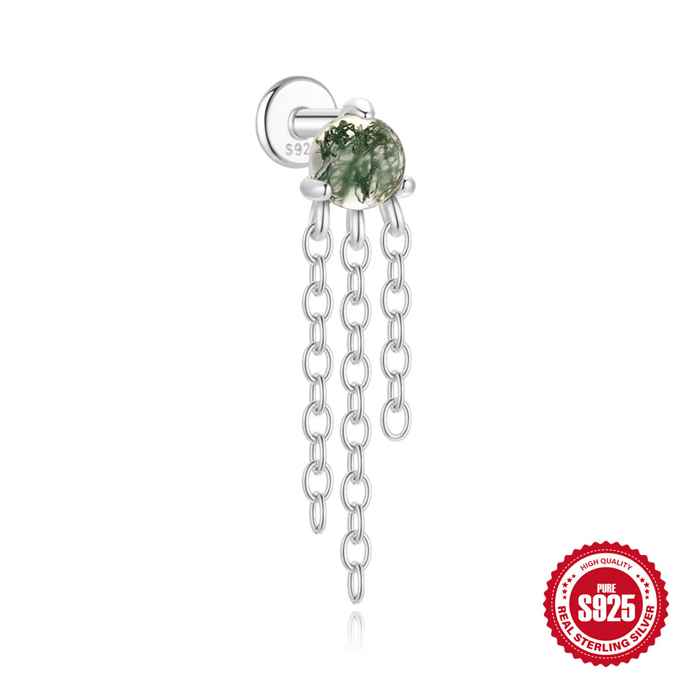 El nuevo s925 simple y moderno hierba de agua natural, uñas de hueso de oreja de ágata, personalidad de lujo ligera europea y americana, pendientes de piedra de musgo verde con incrustaciones