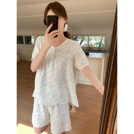 2026 韩系小兰花双层棉家居服套装带发圈短裤