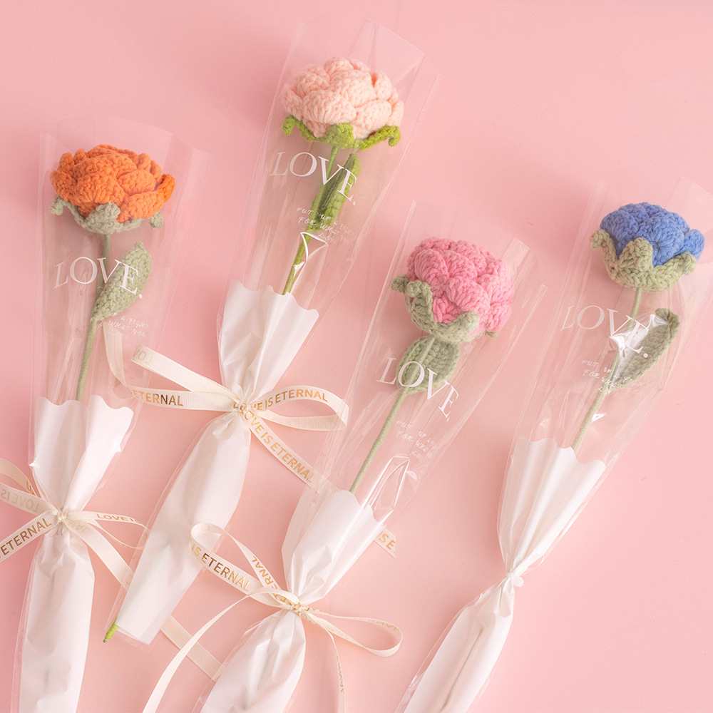 玫瑰花成品一支手工針織毛線康乃馨鬱金香永生花小花束帶包裝禮品